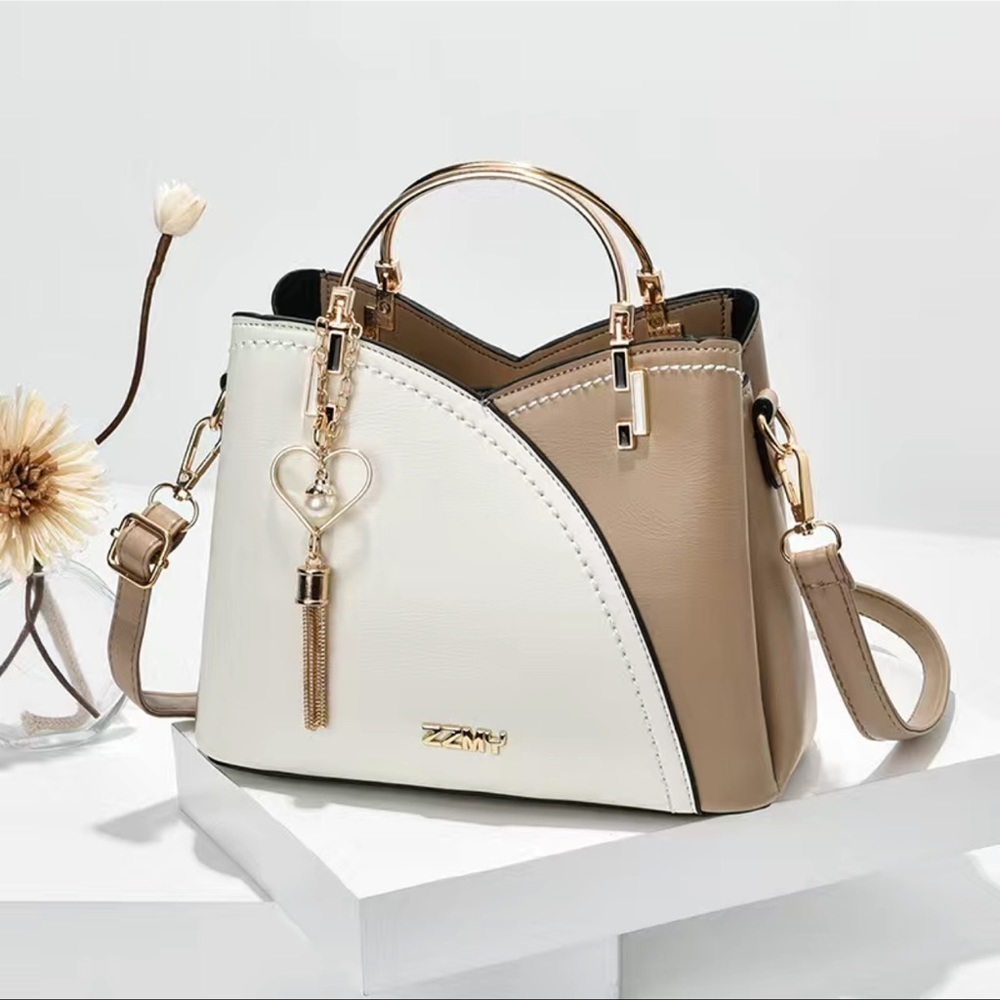 Elegant Cream & Tan Dual-Tone Satchel with Gold Accents